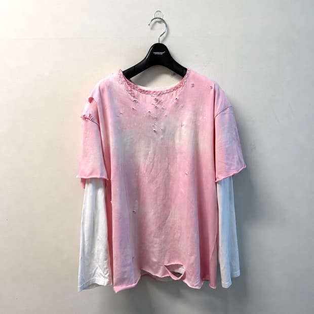 빈티지 페이딩 pink+white 색감 distressed 티셔츠 