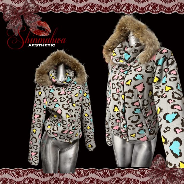 갸루 하트 레오파트 퍼 패딩 