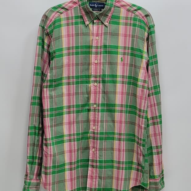 POLO 폴로 랄프로렌 클레식핏 체크 셔츠 / 남 15 M 그린 핑크
