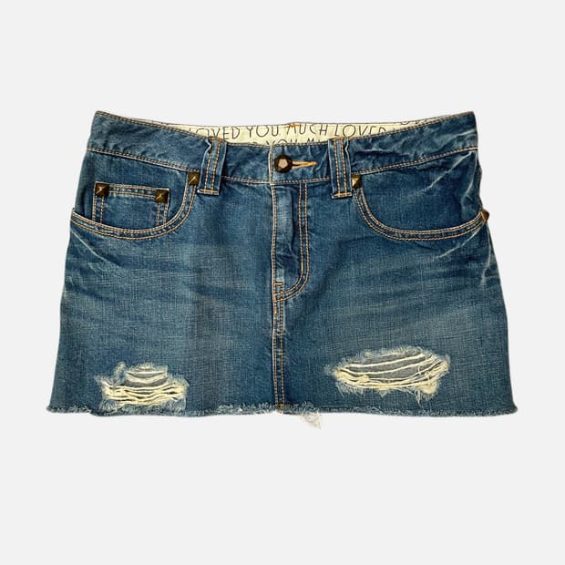 distressed stud denim mini skirt