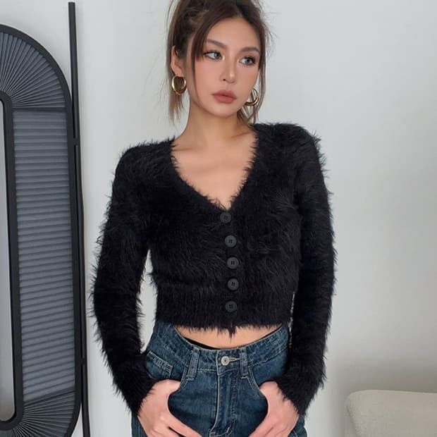 [새상품] 블랙 퍼 크롭 가디건-S