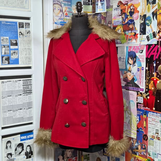 JPN 빈티지 갸루 레드 퍼 더블 코트