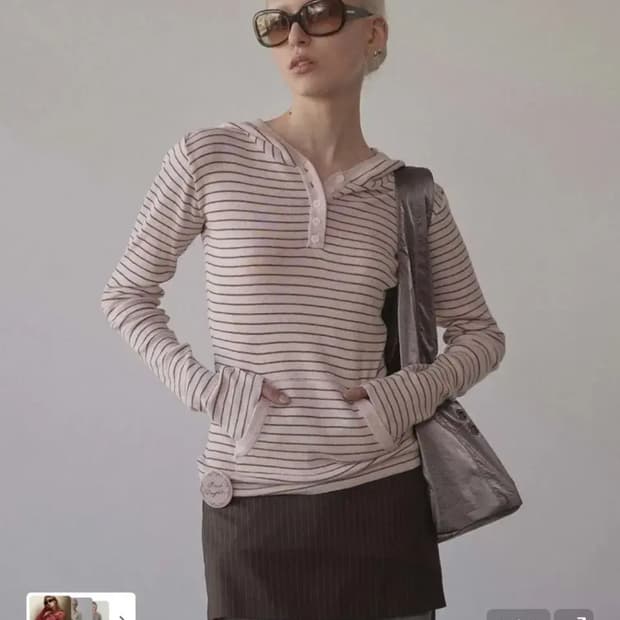 스컬프터 니트 스트라이프 후드 핑크 브라운