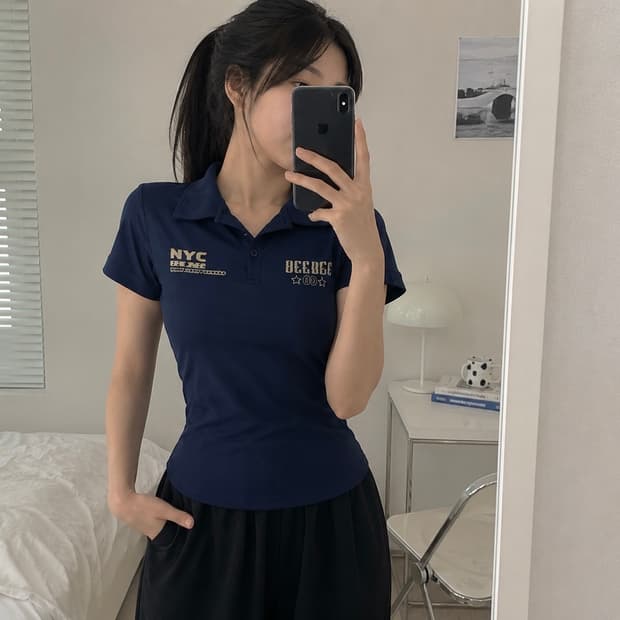 Y2k 네이비 카라넥 반팔티
