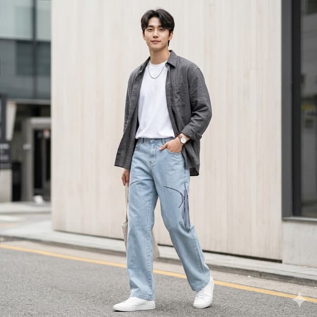 C0D3 자수 와이드 데님 팬츠 연청