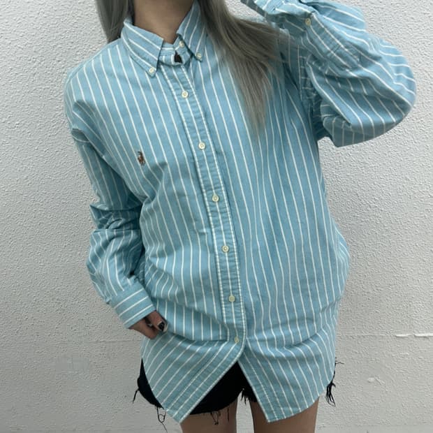 폴로 랄프로렌 옥스포드 화이트 스트라이프 베이비블루 셔츠 M