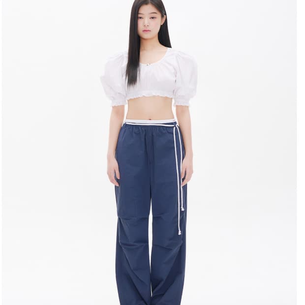 YOUHEE 코튼 레이어드 밴딩 와이드 팬츠(NAVY)