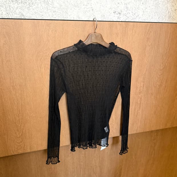 빈티지 하이넥 롱슬리브 시스루 티셔츠 도트 패턴 디테일 블랙 k74