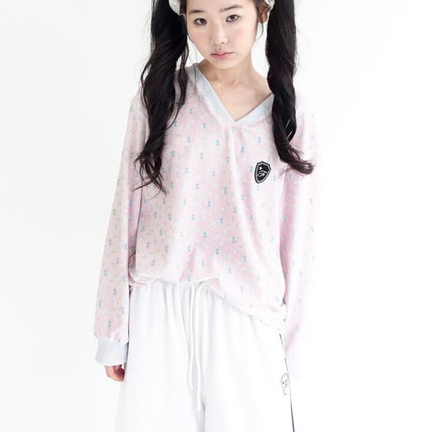 샵페어리 브이넥 플라워 테리 셔츠 v neck flower terry