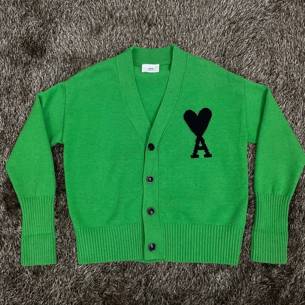 아미 AMI 그린 빅 하트 로고 울 가디건 M