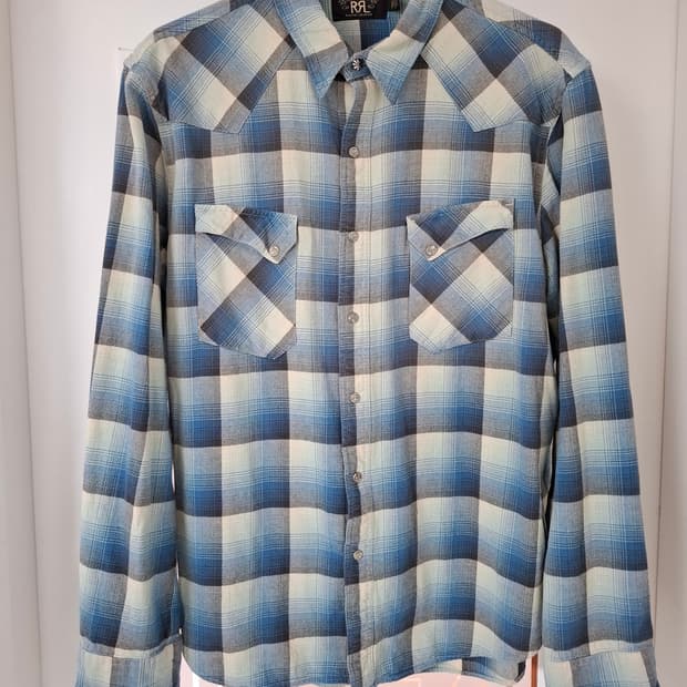 XL RRL 더블알엘 플래드 트윌 블루 체크 웨스턴 셔츠