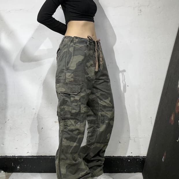 일본 빈티지 카키 와이드 밀리터리 카모 카고 팬츠 군복 바지 