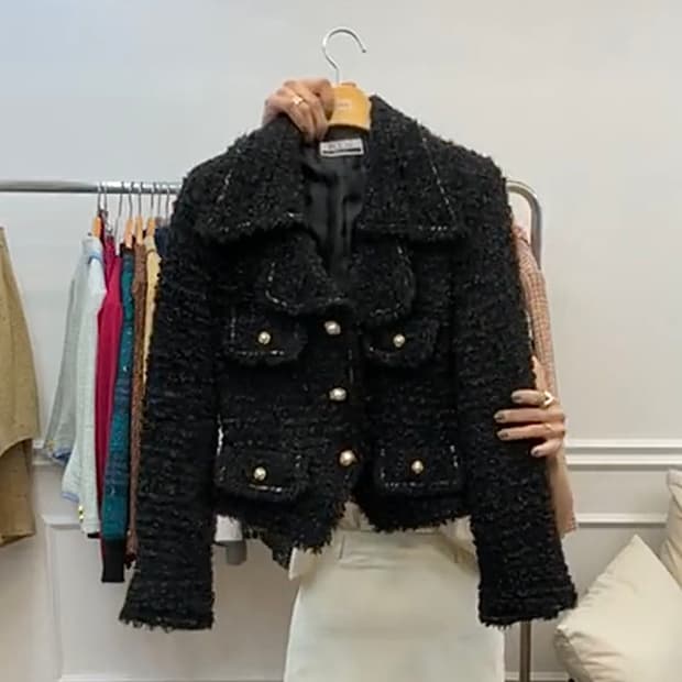 썸띵빈티지 펄원사 블랙 빈티지 트위드 자켓