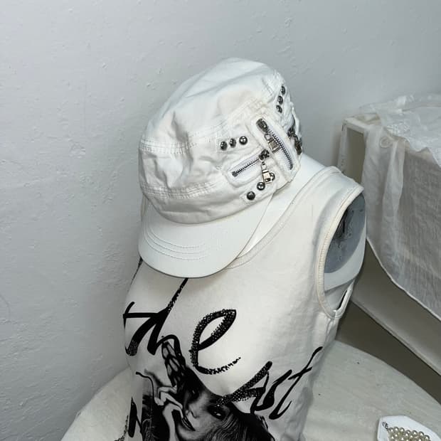 화이트 락펑크 지퍼 포인트 밀리터리 캡