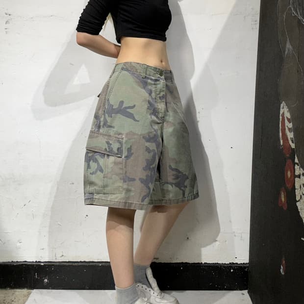 플루크 카키 밀리터리 카모 립스타 버뮤다 팬츠 카고 반바지 L