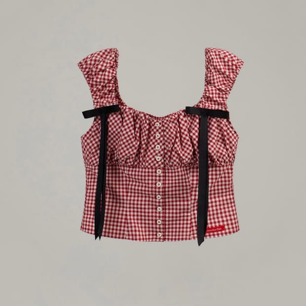 RIBBON HEART NECK VOLUME BLOUSE_RED CHEC