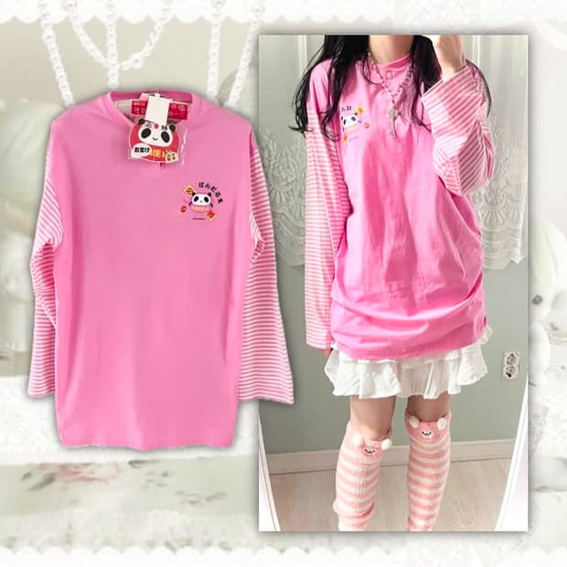 퍄뮤빈티지 파뮤빈티지 헤이세이 판다 스트라이프 티 히메갸루공겜모리하구미