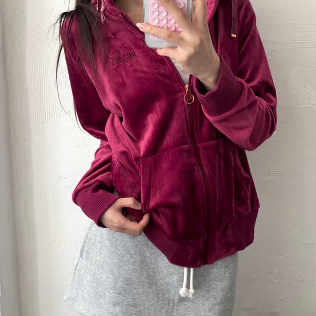Puma 퓨마 버건디컬러 벨벳 후드집업