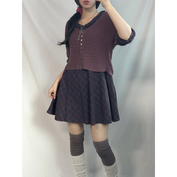 미니 버튼 가디건 체크 도트 패턴 원피스 2pcs SET