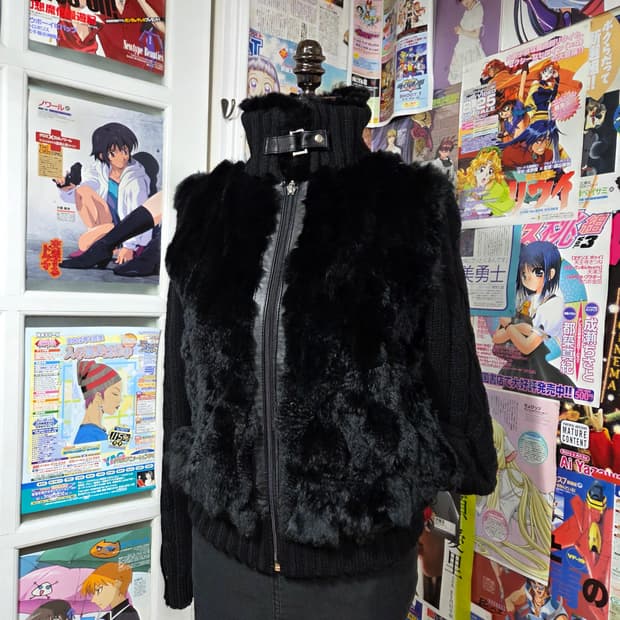 빈티지 레빗 퍼 꽈배기 니트 집업 자켓