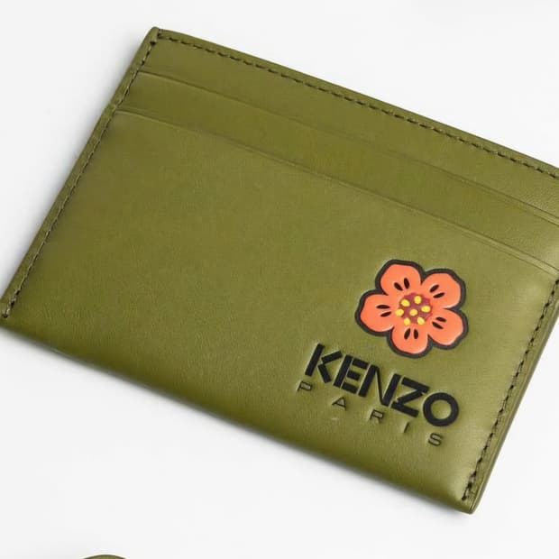 겐조 레더 보크 플라워 카드 홀더 지갑 카키