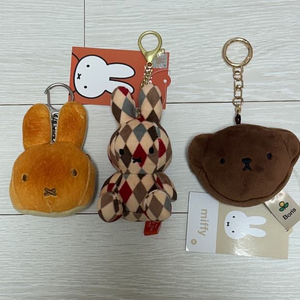 미피 빵 얼굴키링 & 레드빈체크 키링 / 보리스 얼굴키링 브라운 일괄
