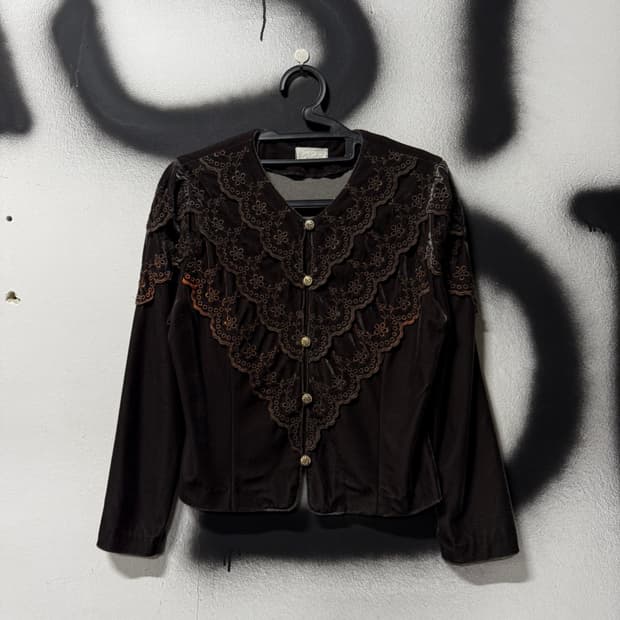 VTG 빈티지 에스닉 딥브라운 벨벳 레이스 레이스 가디건 자켓