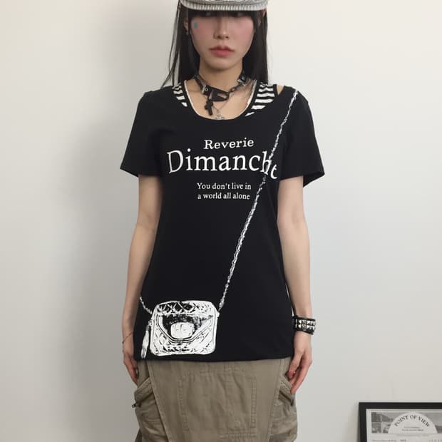 Jpn Y2k Chain Bag Print Black T-shirt