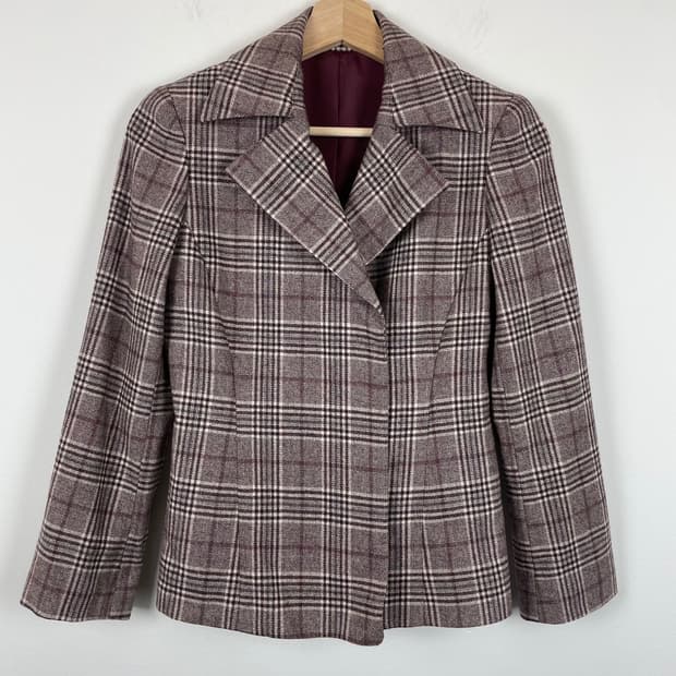 울 히든버튼 포인트 타탄체크 크롭 자켓