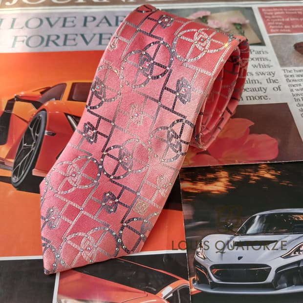 루이까또즈 실크 살구핑크 모노그램 넥타이 8.2cm 새상품 A18946
