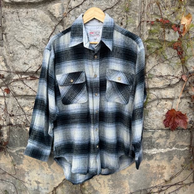 일본 빈티지 체크 패턴 투포켓 플란넬 셔츠 L