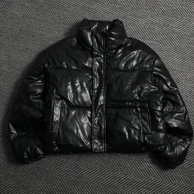 빈티지 우먼스 블랙 비건 레더 패딩 점퍼o 4015