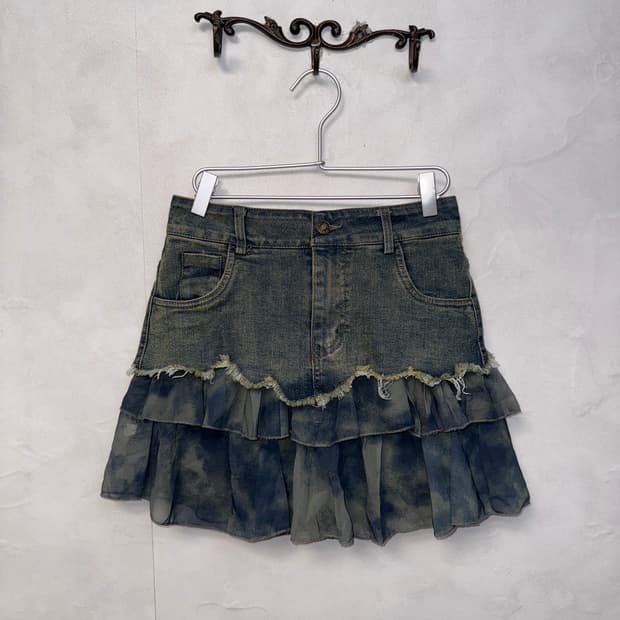 Denim tie dye chiffon cancan layered sk
