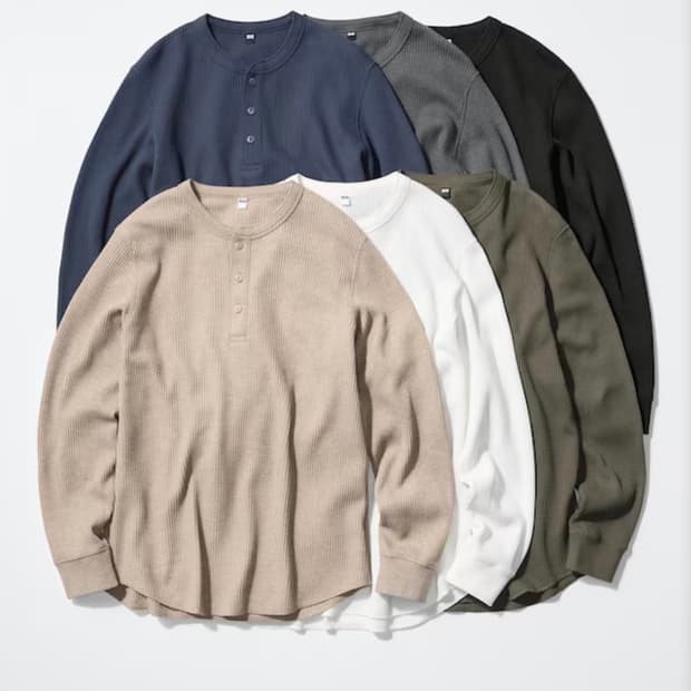 유니클로 와플 헨리넥 긴팔 티셔츠 L 그레이 베이지