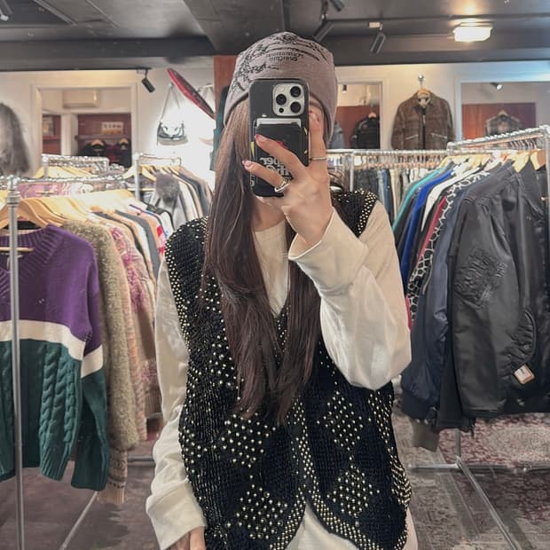 빈티지 스터드 스팽글 펑크 니트 베스트 조끼 F