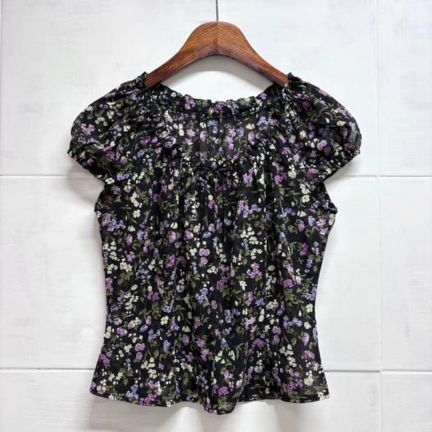 poudre 잔꽃 패턴 퍼플 리본 페어리 시스루 블라우스 JPN 