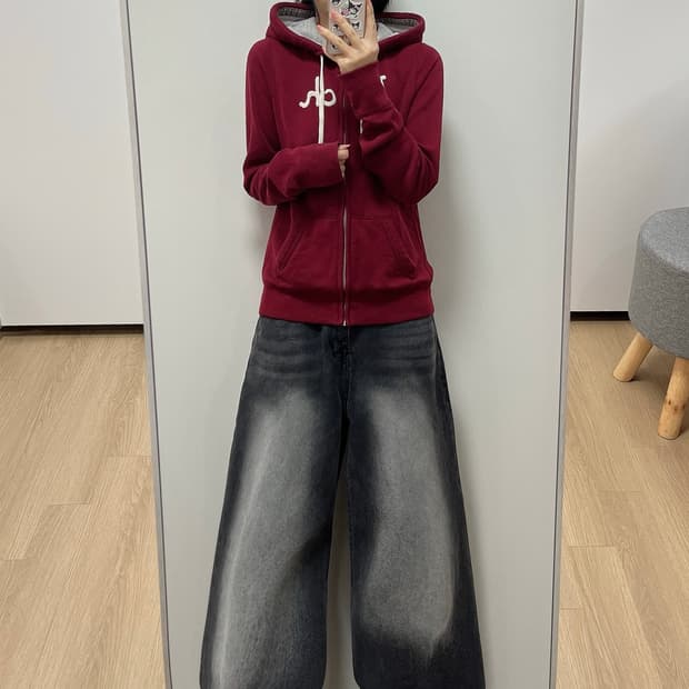 아베크롬비 슬림핏 자수로고 버건디 후드집업