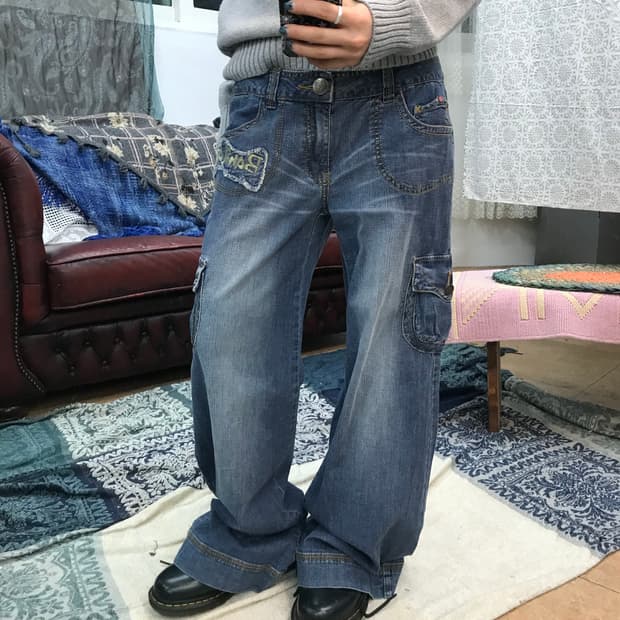 빈티지 여성 패치 카고 데님 부츠컷팬츠 