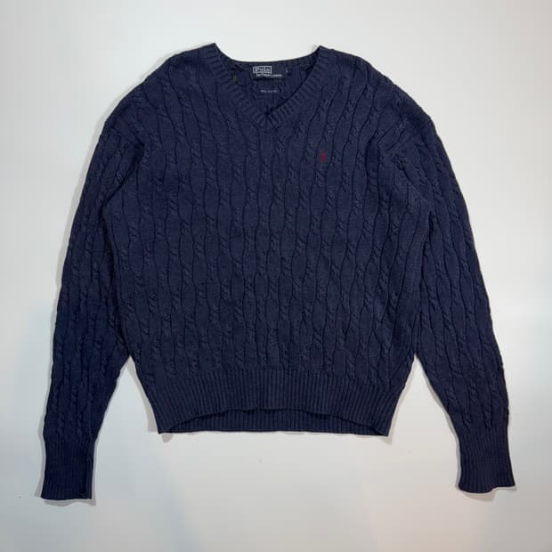 폴로 랄프로렌 네이비 브이넥 케이블 니트