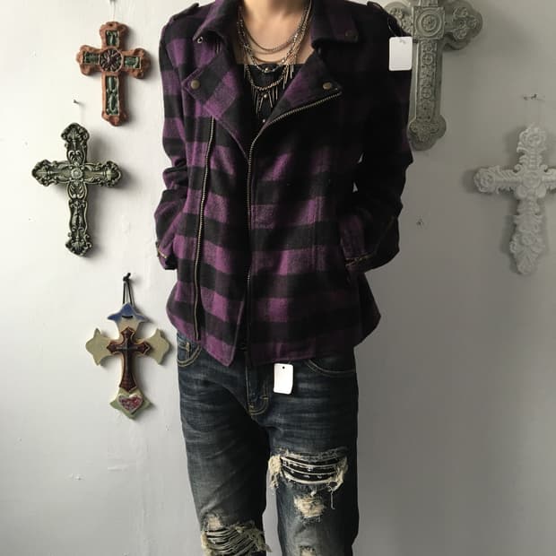 Woolen check pattern rider jacket