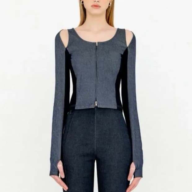 YUSE CUT OUT DENIM TWO WAY SLIM ZIP-UP