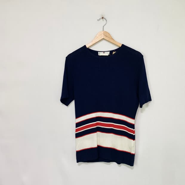 지방시 빈티지 스트라이브 반팔 슬림 니트 네이비 여성