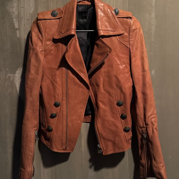 System Cropped Brown Leather Jacket