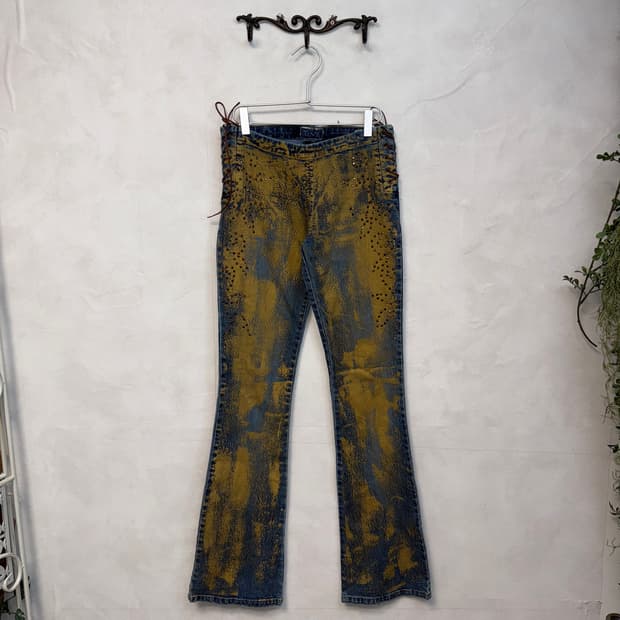 Gold washing denim laceup cubic 부츠컷팬츠