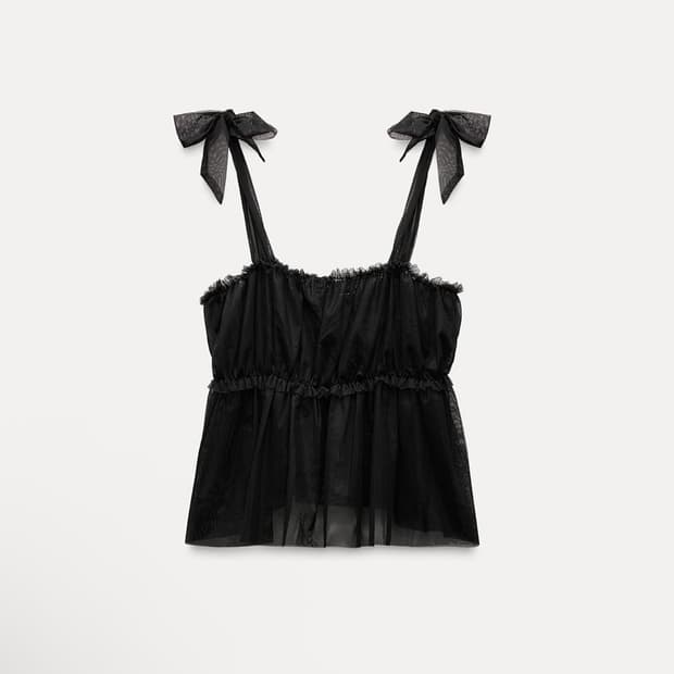ZARA 자라 슬리브리스 리본 튤 레이어드 탑 M 새상품