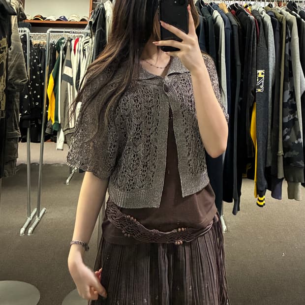 OS)Japanese vintage 여성 펀칭 발팔 니트 가디건