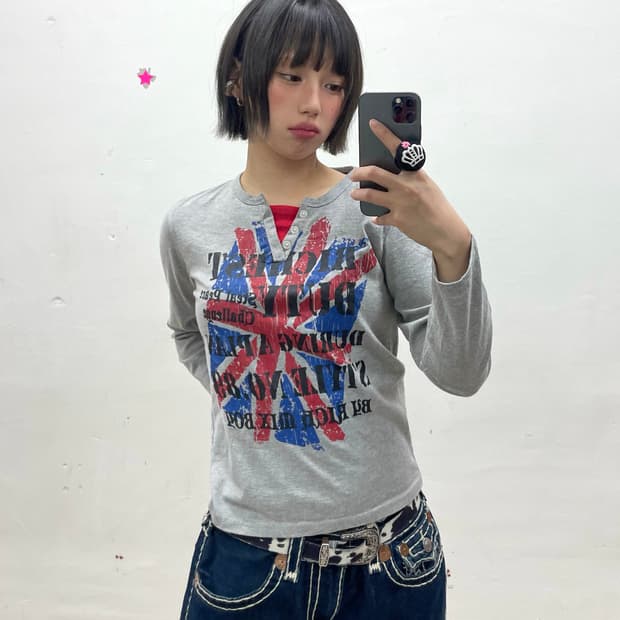 American flag button gray long sleeve 