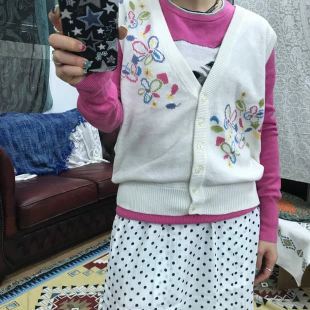 제페니즈 빈티지 여성 플라워패턴 니트 베스트 