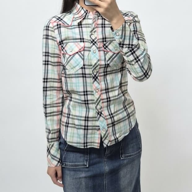 유일매물 희귀]버버리 노바 체크셔츠/블루라벨/민트핑크/일본 빈티지