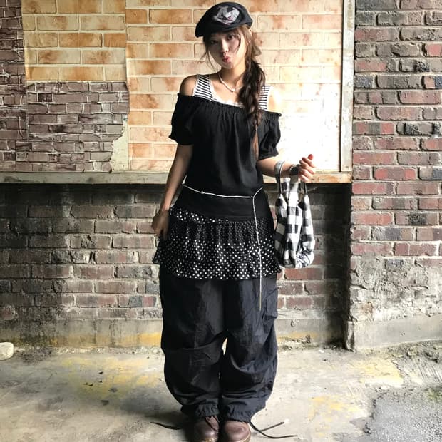 캐주얼 데일리 블랙 도트 모리걸 니혼진 코디세트
